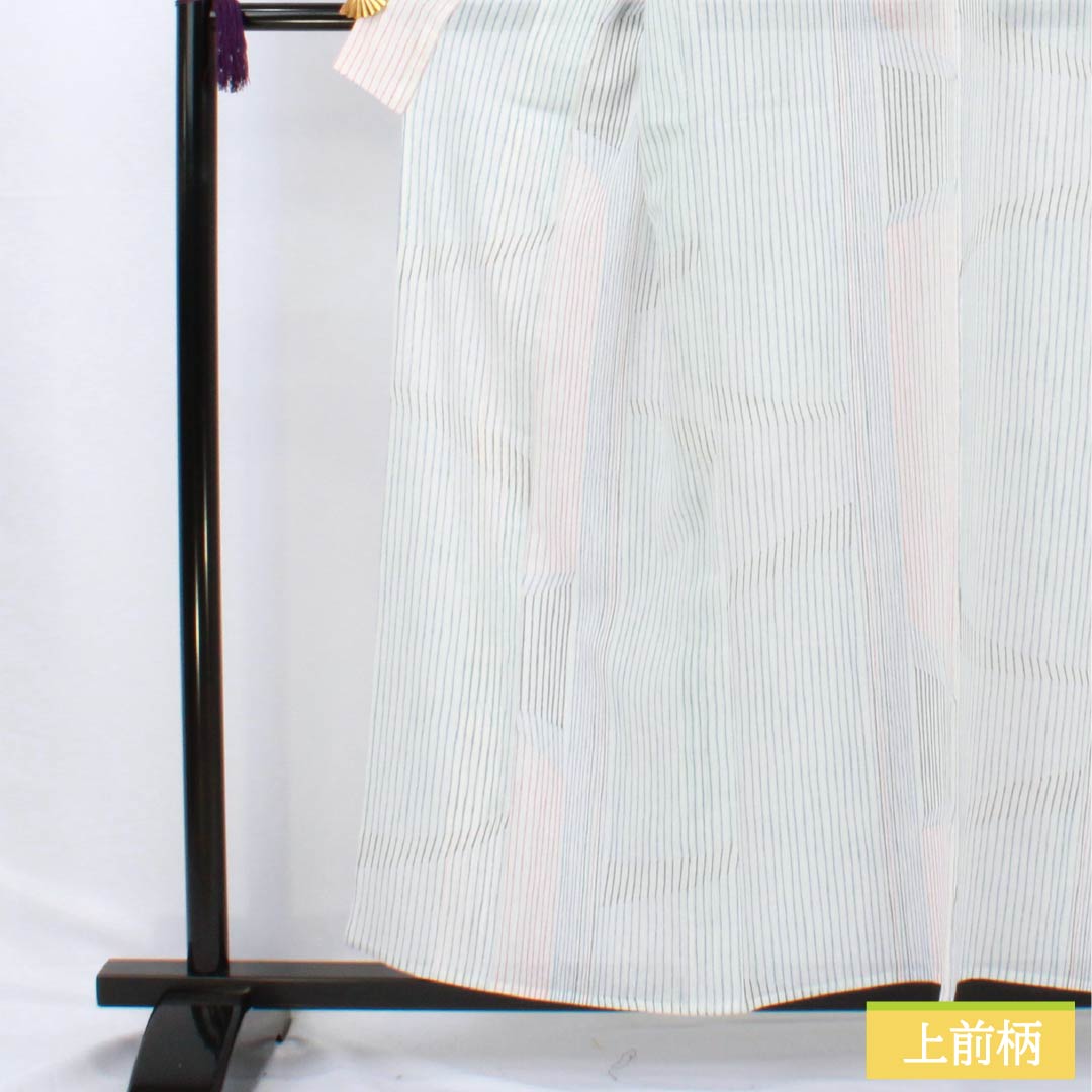Summer polyester komon kimono, length 157.5cm, sleeve length 64.5cm, striped, washable, embroidered, gauze, S rank, white, 1132002552311