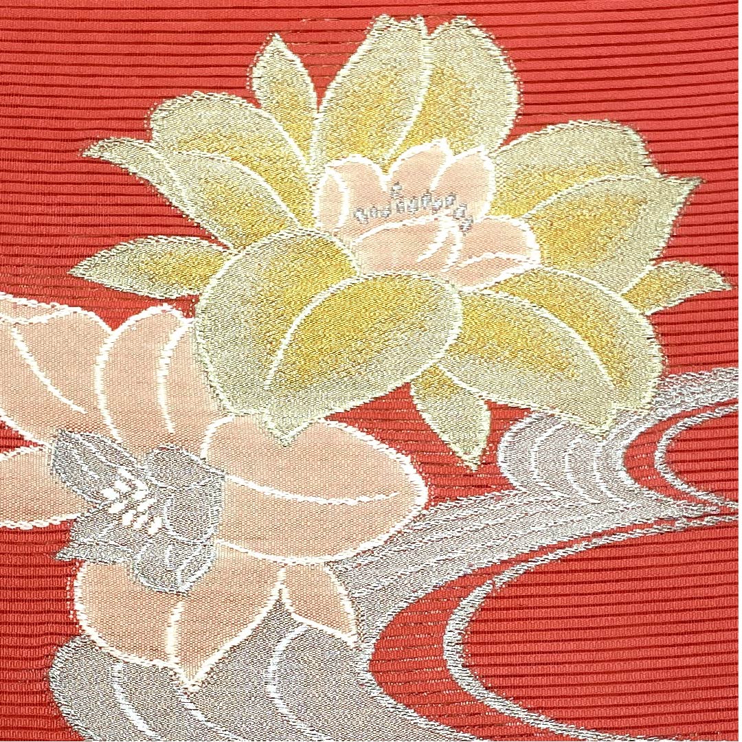 Nagoya obi, scarlet, summer obi, silk, flowing water, peony, obi length 344cm, pure silk, S rank, point pattern, semi-formal, vermilion, 1124004442316, pine needle style