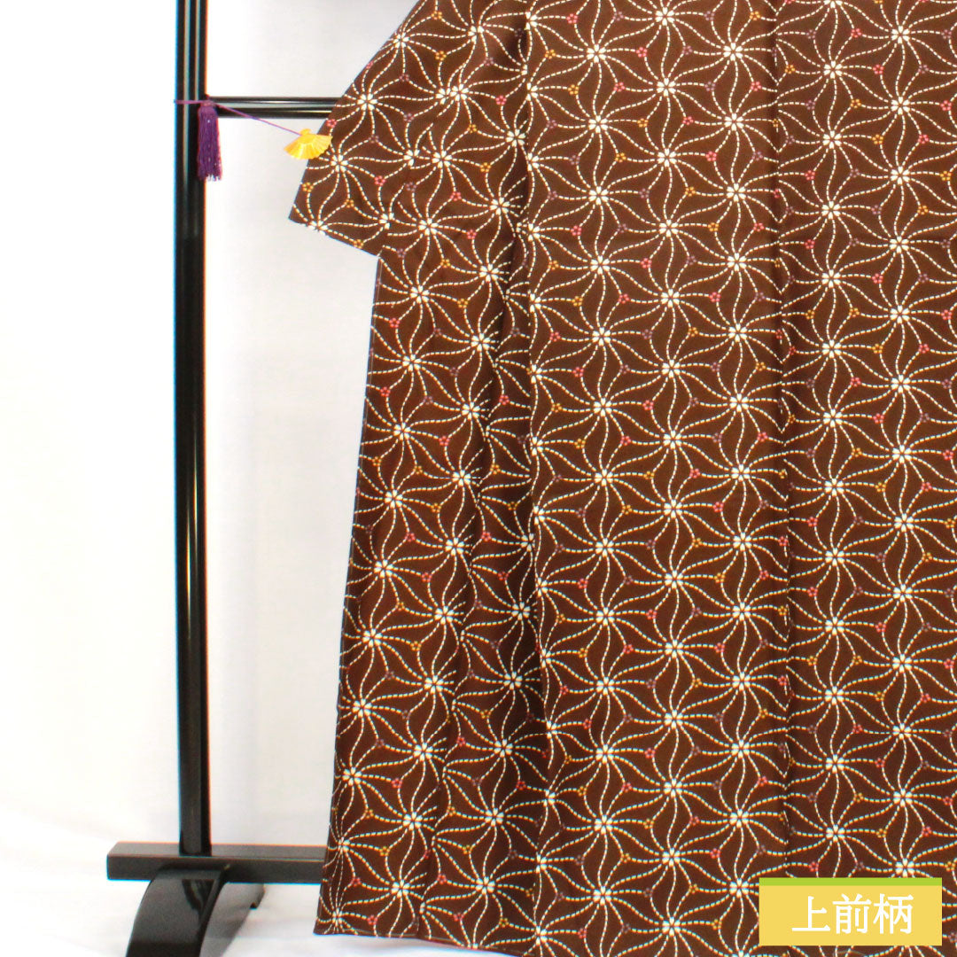 Komon (small pattern) polyester kimono, S rank, length 165cm, sleeve length 64.5cm, lined, earth-black (tsuchiguroiro) color, washable, cherry blossom petal pattern, basting thread included, unused, brown, 1115007642514