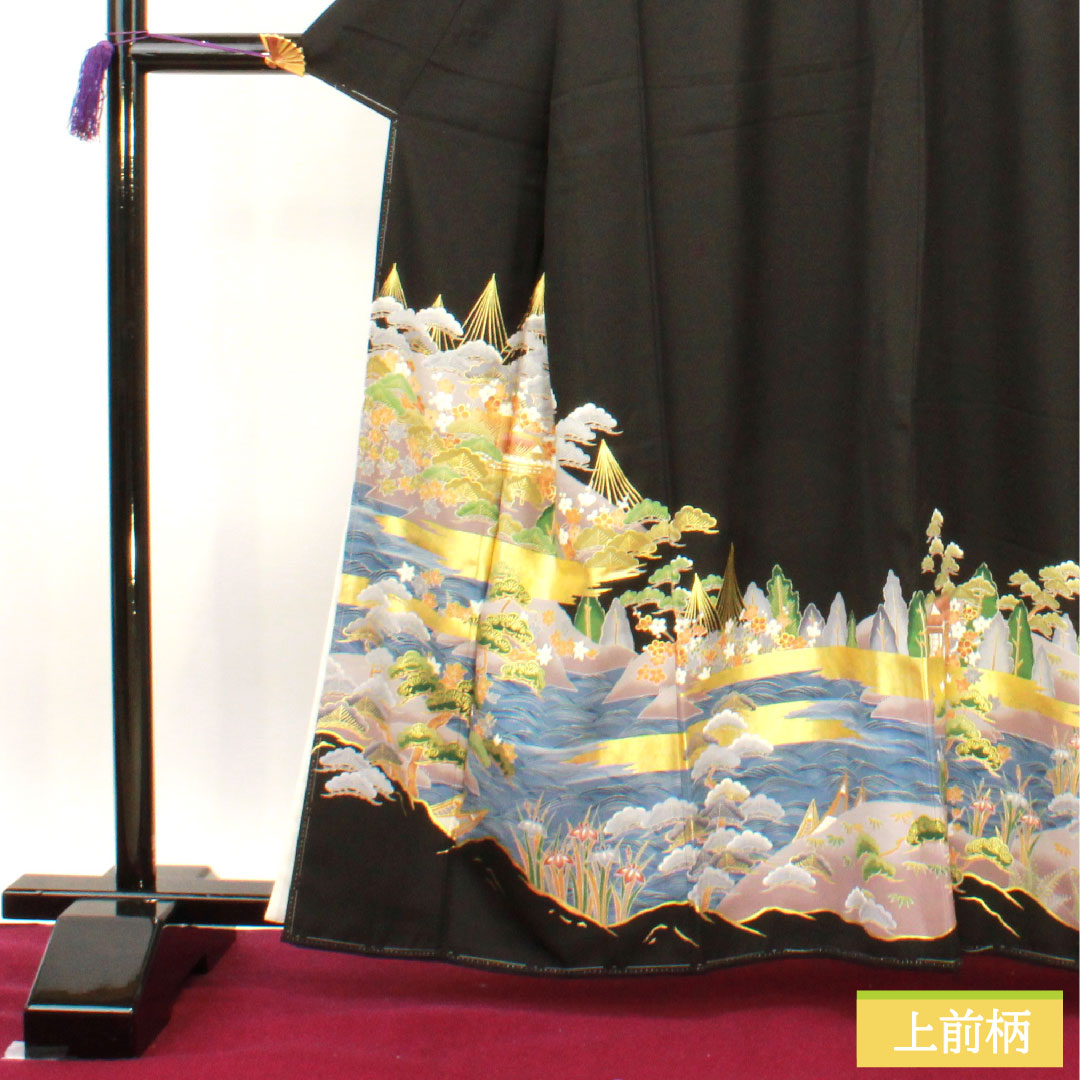 黒留袖 正絹 身丈162cm 裄丈66cm 袷  京友禅 風景模様 五つ紋 沢瀉 しつけ糸付き 未使用品 Sランク 五つ紋 黒系 1111001252410