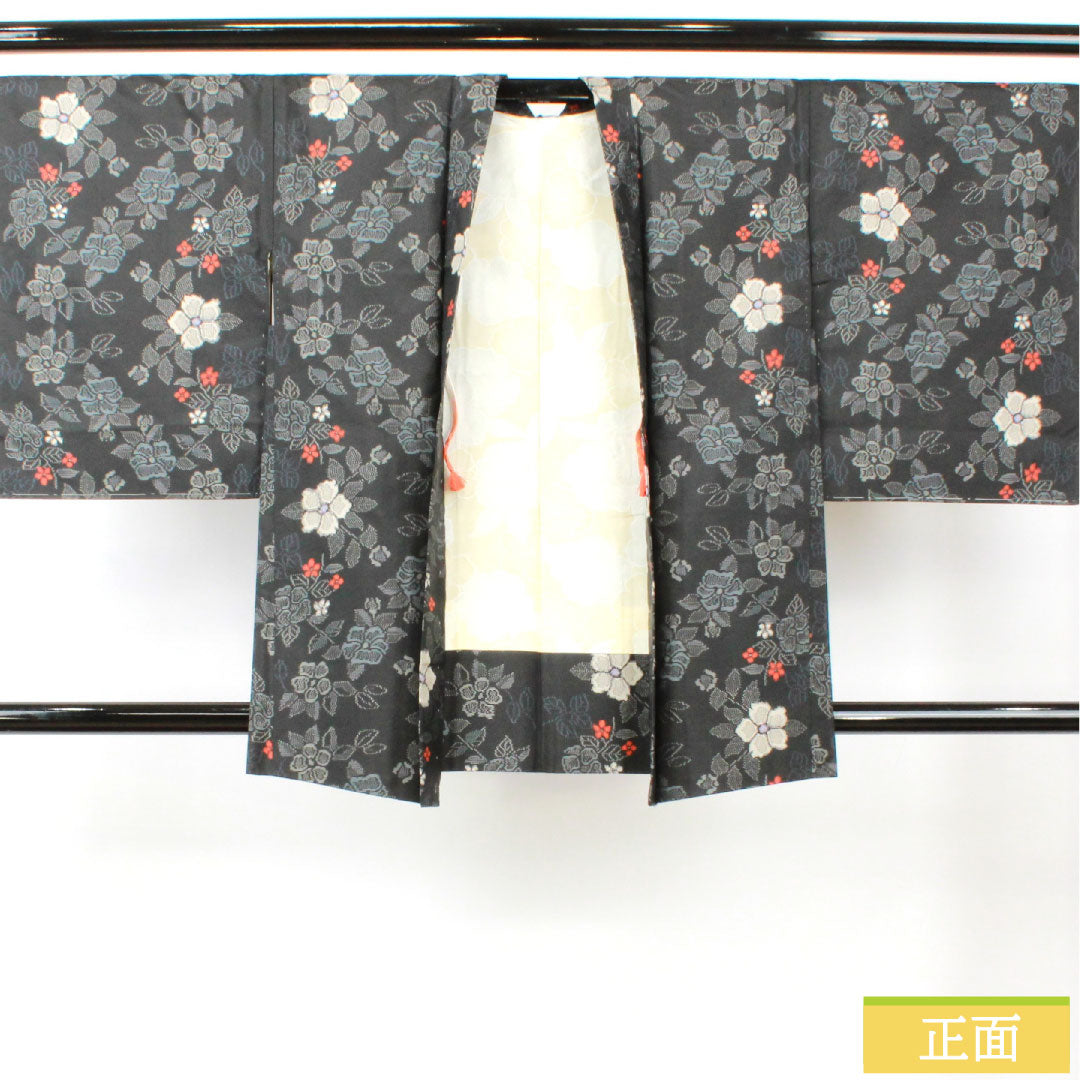 Haori, pure silk, length 83cm, sleeve length 65.5cm, Murayama Oshima, floral pattern, basting thread included, unused, S rank, lined, black, 1117001142910