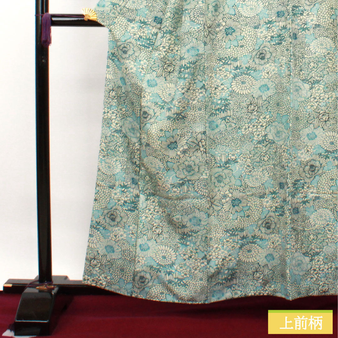 小紋 ポリエステル 身丈160.5cm 裄丈63.5cm 袷  卯の花色 型染 菊 竹 洗える着物  Sランク 白系 1115003752411