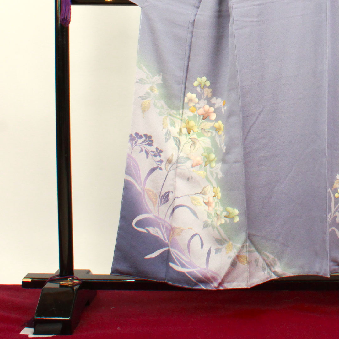 Homongi, lined, length 156cm, sleeve length 64cm, with basting thread, unused, sousui gray, Kyo-Yuzen, artist's work, floral pattern, pure silk, S rank, gray 1112002582322