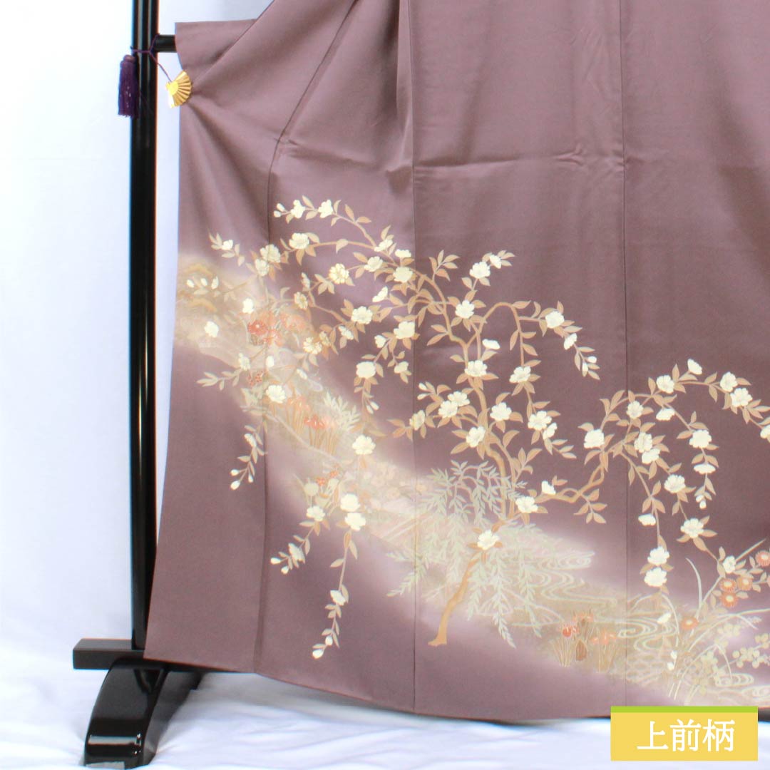 Formal kimono, pure silk, rank B, lined, length 164cm, sleeve to sleeve 64.5cm, reddish gray, Kyo-Yuzen, one crest, plants, purple tones, 1112007044420