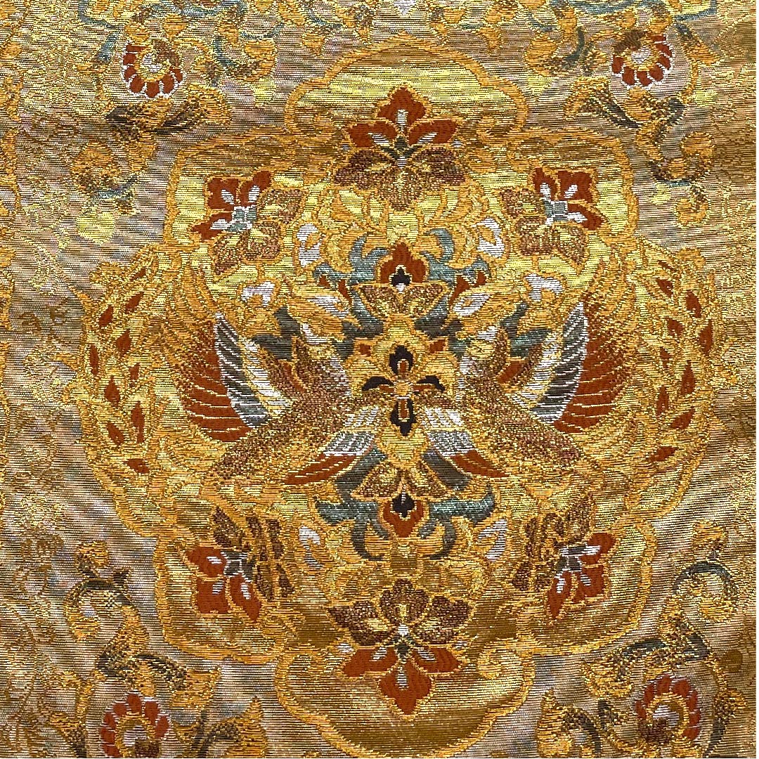 [Unfinished] Fukuro obi, genuine silk, S rank, gold, Kenjo Hōō Kamon (tribute phoenix flower crest) with chokin (metal engraving), made by Maizuru, obi length 440.5cm, rokutsu (pattern on six portions), formal, gold-toned, 1123005992321