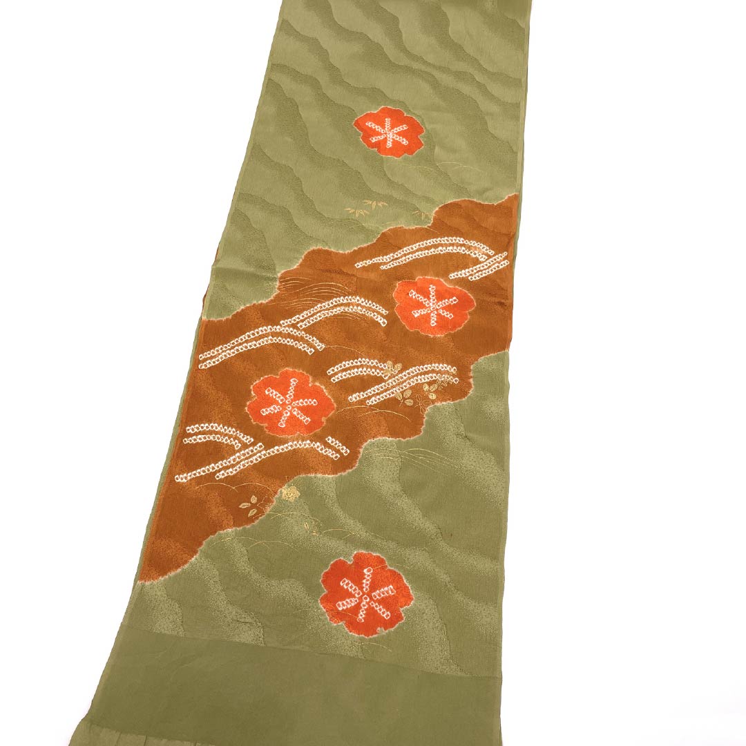 帯揚げ 正絹 Aランク セミフォーマル 黄海松茶色（きみるちゃいろ） 部分絞り 梅 萩 長さ約171cm 幅約28cm 緑系 1136002963919