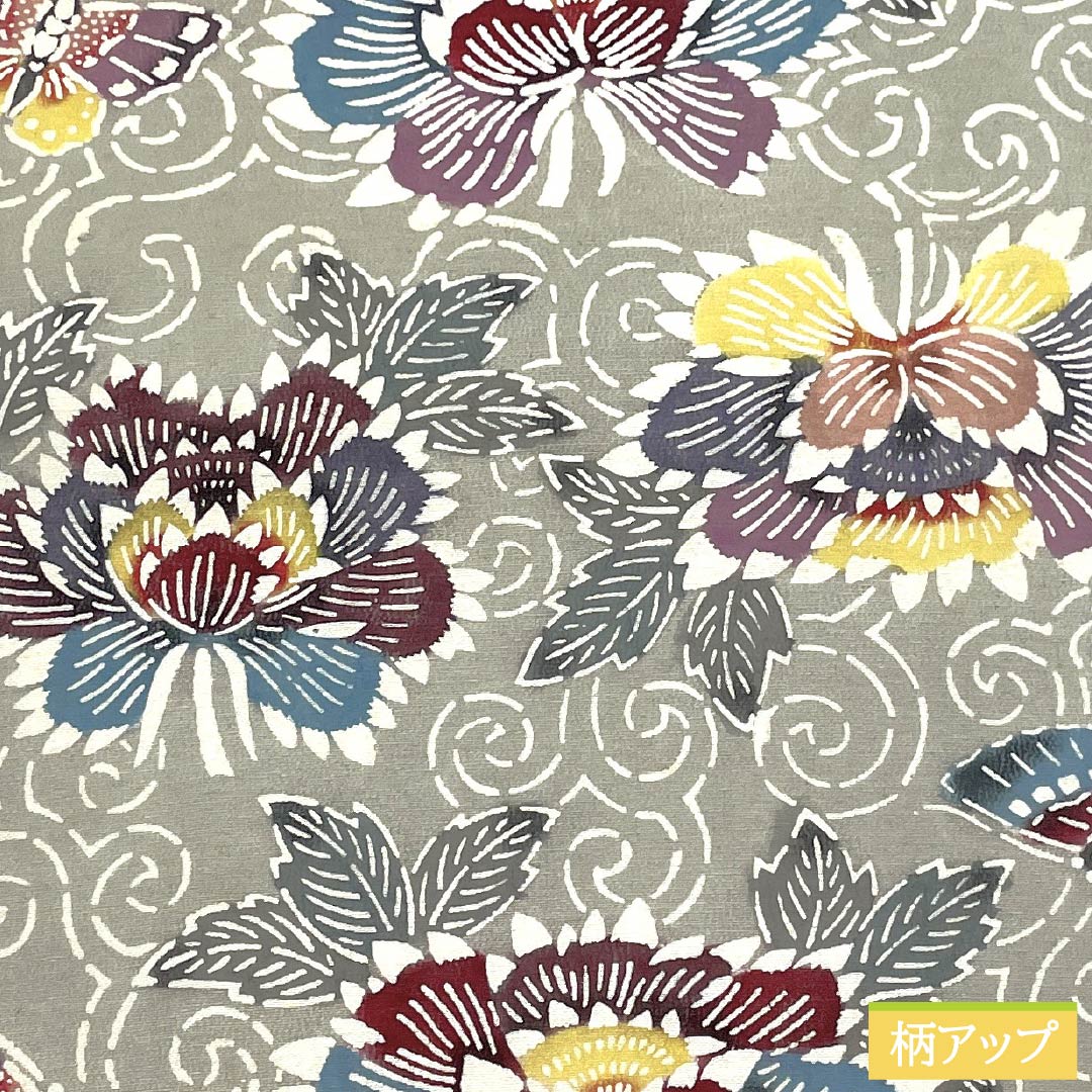 Nagoya Obi, Pure Silk, Grade B, Silk Gray, Bingata-style Stencil Dyeing, Peony Design, Length 347cm, Six-fold, Casual, Gray, Product Number 1124010484322, Nagoya Style