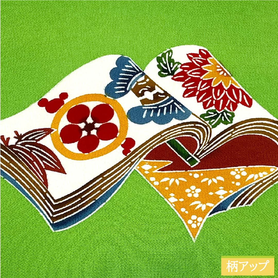 Nagoya obi, light green, stencil dyeing, Kyoto red pattern, pine, Kyogen crest, Japanese crepe, obi length 378.5cm, pure silk, A rank, point pattern, casual, green, 1124005793319, Nagoya style