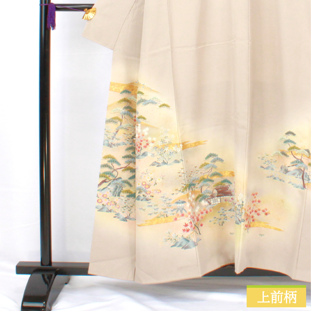 色留袖 正絹 身丈157cm 裄丈63cm 袷 白茶色（しらちゃいろ） 京友禅 作家物 銀閣寺 五つ紋 木瓜 Aランク ベージュ系 1111001553325