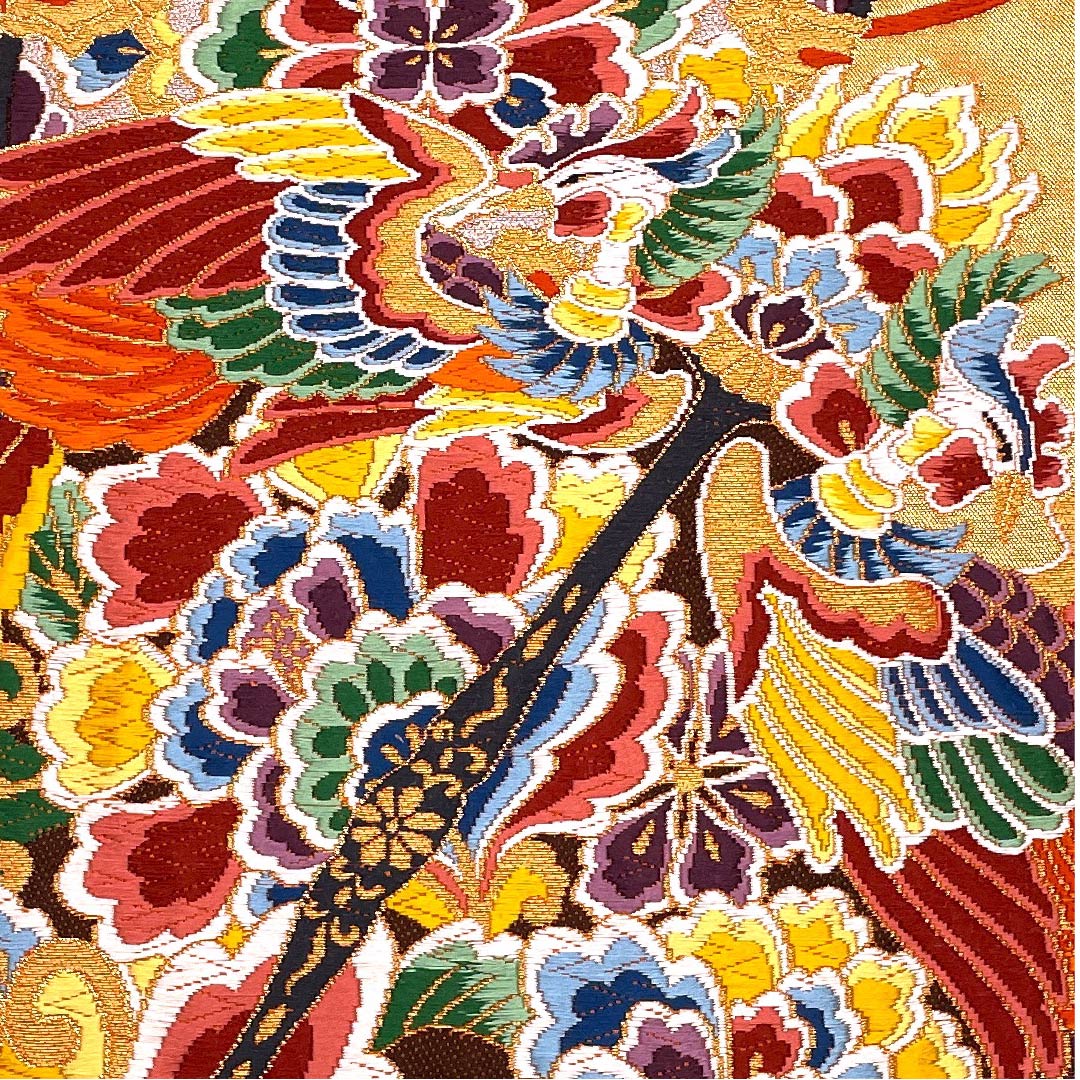 Persimmon-colored Fukuro Obi (Bag Belt) with Phoenix and Drum, Shirayaen Oba, Length 426cm, Pure Silk, A-Rank, Six-pass, Formal, Orange, 1123009763326