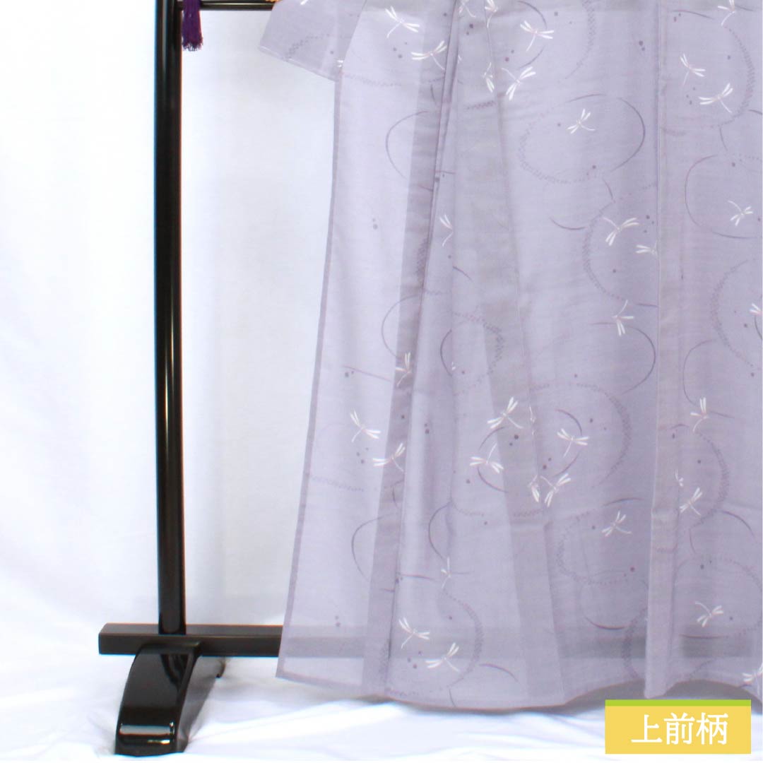 Summer kimono, polyester, small pattern, length 163cm, sleeve length 64.5cm, aristocratic gray, ripples, dragonfly, washable kimono, gauze, S rank, purple, 1132002142420