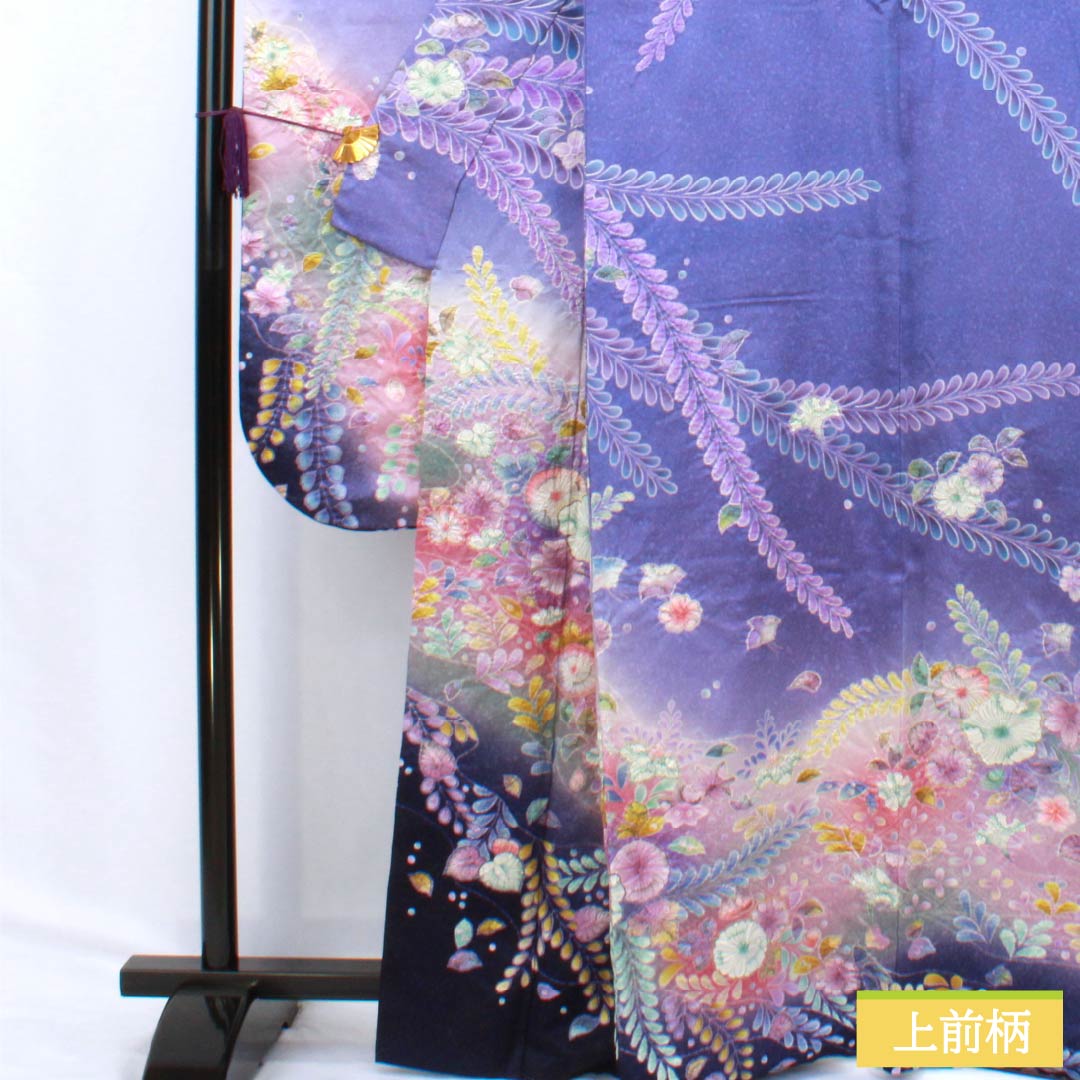 振袖 正絹 Bランク 身丈164cm 裄丈64.5cm 袷 竜胆色（りんどういろ） 京友禅 辻ヶ花 銀通し 絞り ソフトガード加工 紫系 1113002134420