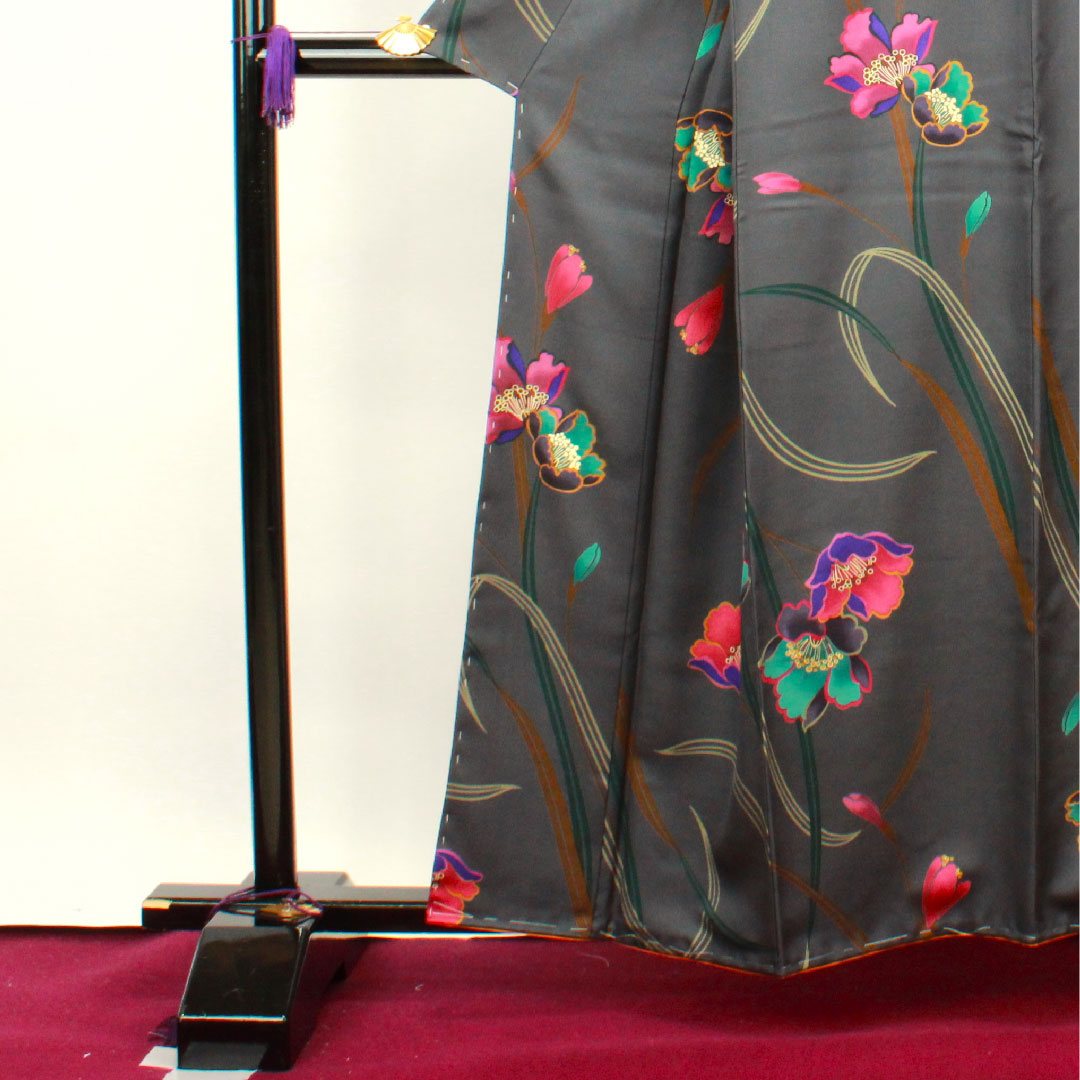小紋 身丈158.5cm 裄丈64cm 袷  鋼色 しつけ糸付き 未使用品 手描き 京友禅 草花模様  正絹 Sランク グレー系 1115002902322