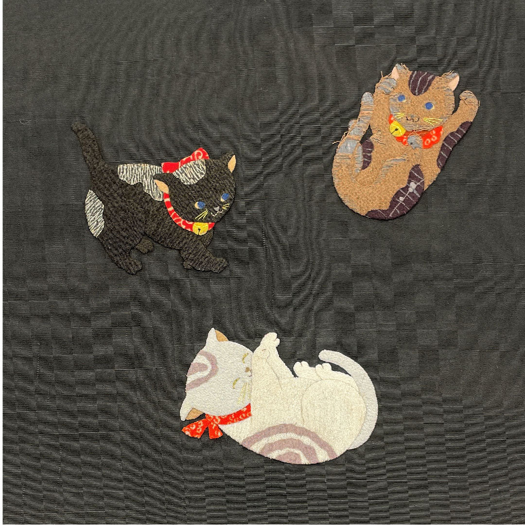Nagoya obi, black, cat, Japanese pattern, obi length 362.5cm, pure silk, B rank, point pattern, casual, black, 1124002774310, Nagoya style