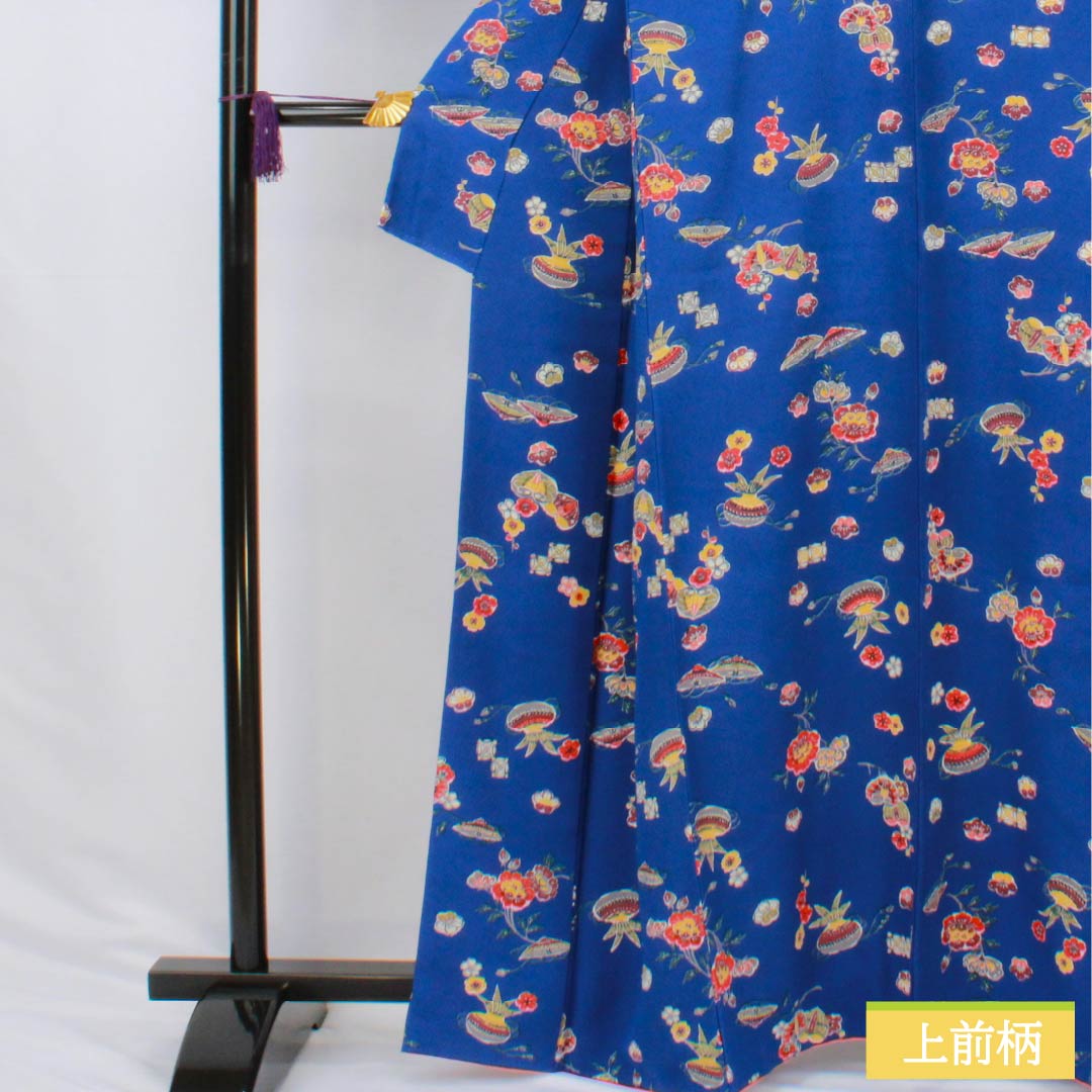 小紋 正絹 Sランク 身丈163.5cm 裄丈66cm 袷 瑠璃色（るりいろ） 型染 吉祥文様 青系 1115006892417