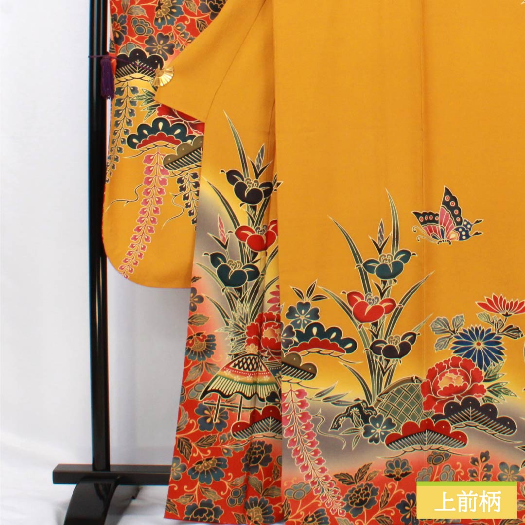 Furisode Pure Silk S Rank Length 164cm Sleeve-to-sleeve 67cm Lined Wheat-colored Kyoto Red Dye Auspicious Design Butterfly Pine Pearl Tone Processing Orange system 1113002332426