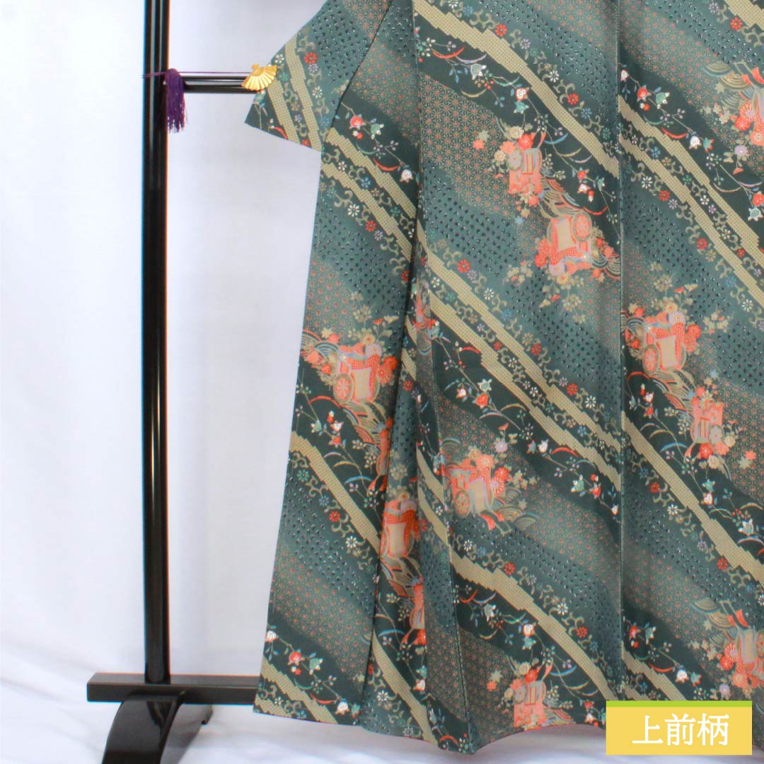 Small-patterned kimono, polyester, S rank, length 161cm, sleeve length 64.5cm, lined, iron-colored (Tetsuiro) and iron-colored (Tetsuonandoiro) with a Goshoguruma (imperial carriage) and flower motif, washable, green, 1115007562419