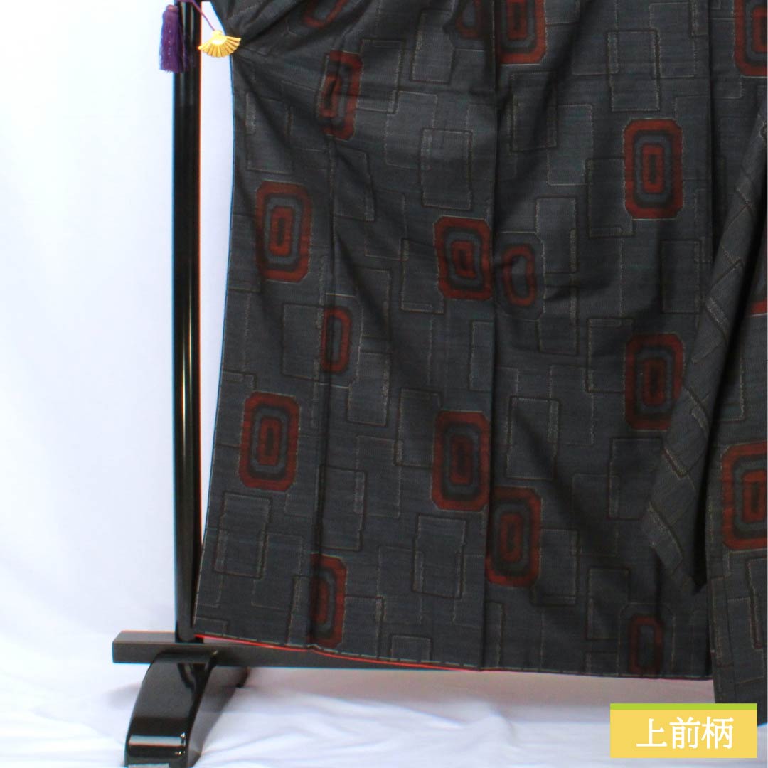 Pure silk tsumugi (pongee) kimono, S rank, length 163cm, sleeve length 65cm, Oshima tsumugi ensemble, double horizontal kasuri pattern, geometric pattern, lined, navy blue, product number 1116004342418