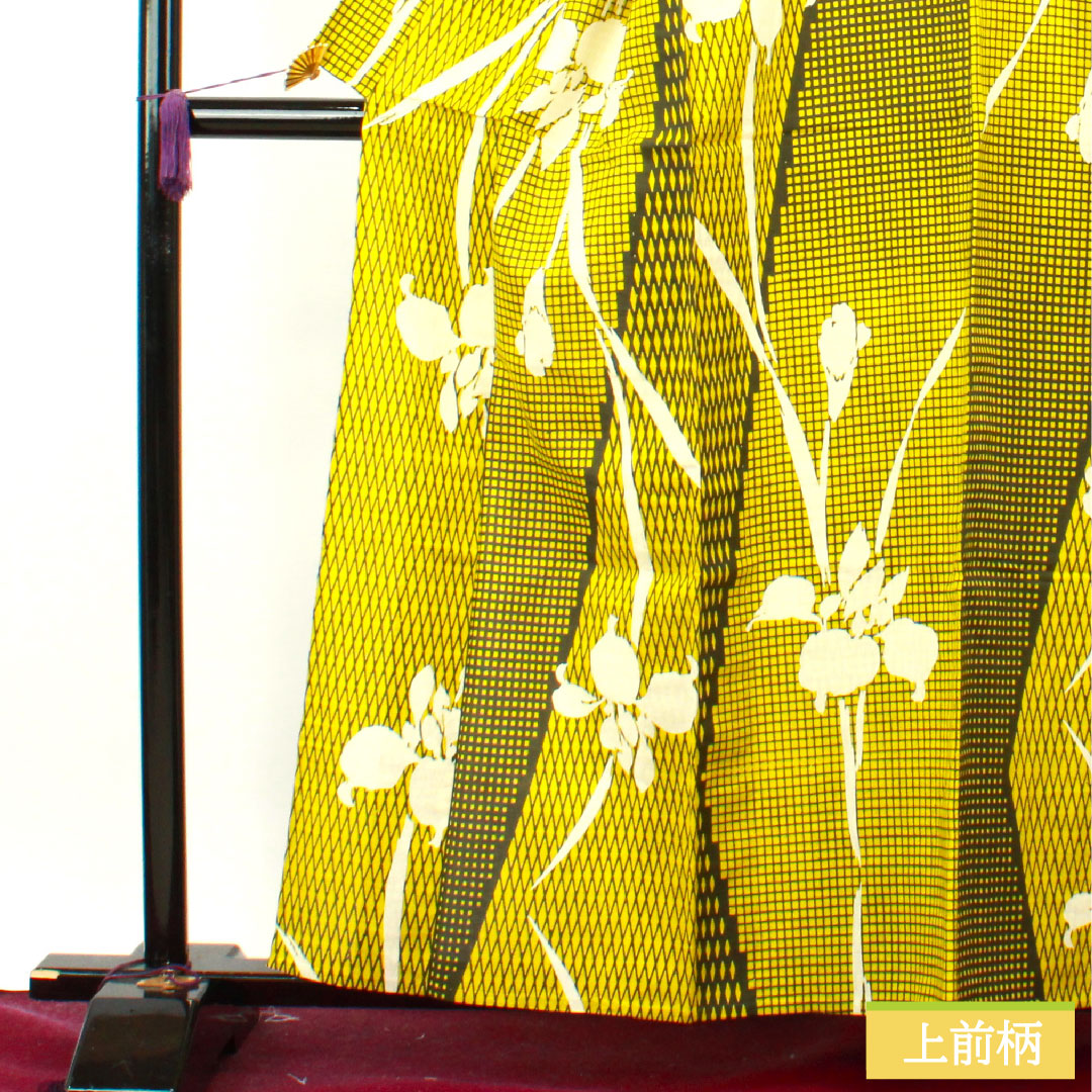 Yukata Cotton Length 160cm Sleeve length 67cm S rank Single layer Yellowish-colored Hiwairo Iris Geometric pattern 1118004792423