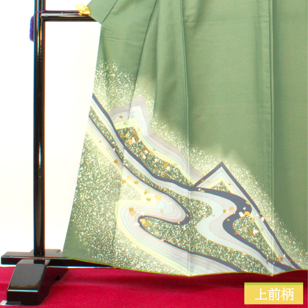 Homongi (formal kimono) made of polyester, lined, length 160.5cm, sleeve length 66cm, Chigusairo (chigusai-iro), washable kimono, flowing water, A rank, green, 1112004603419