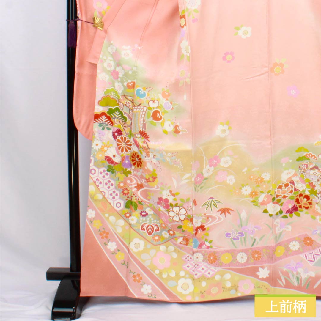Silk Furisode, S Rank, Length 164.5cm, Sleeve-to-Sleeve 68cm, Lined, Coral Pink, Kyo Yuzen, Auspicious Patterns, Goshoguruma, Tanenoshi, Pearl Tone Processed, Pink Family, 1113002582413