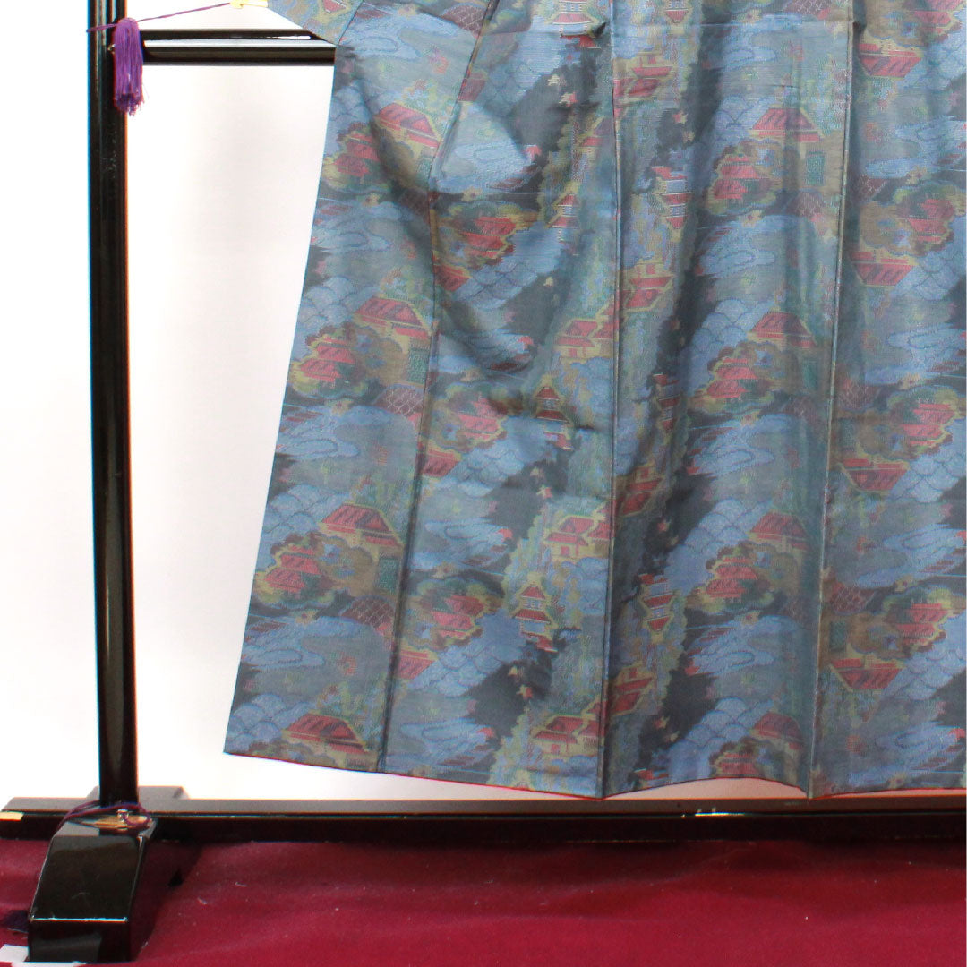 大島紬 身丈154cm 裄丈62cm 青袋鼠色 緯総絣 風景模様 正絹 Aランク 袷 青系 1116002673217