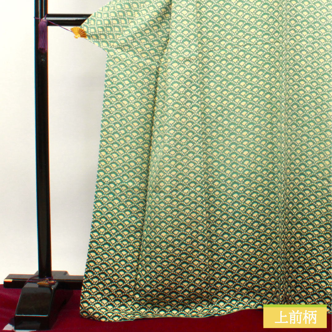 小紋 正絹 身丈167.5cm 裄丈65.5cm 袷  山藍摺色  Sランク 緑系 1115003672519