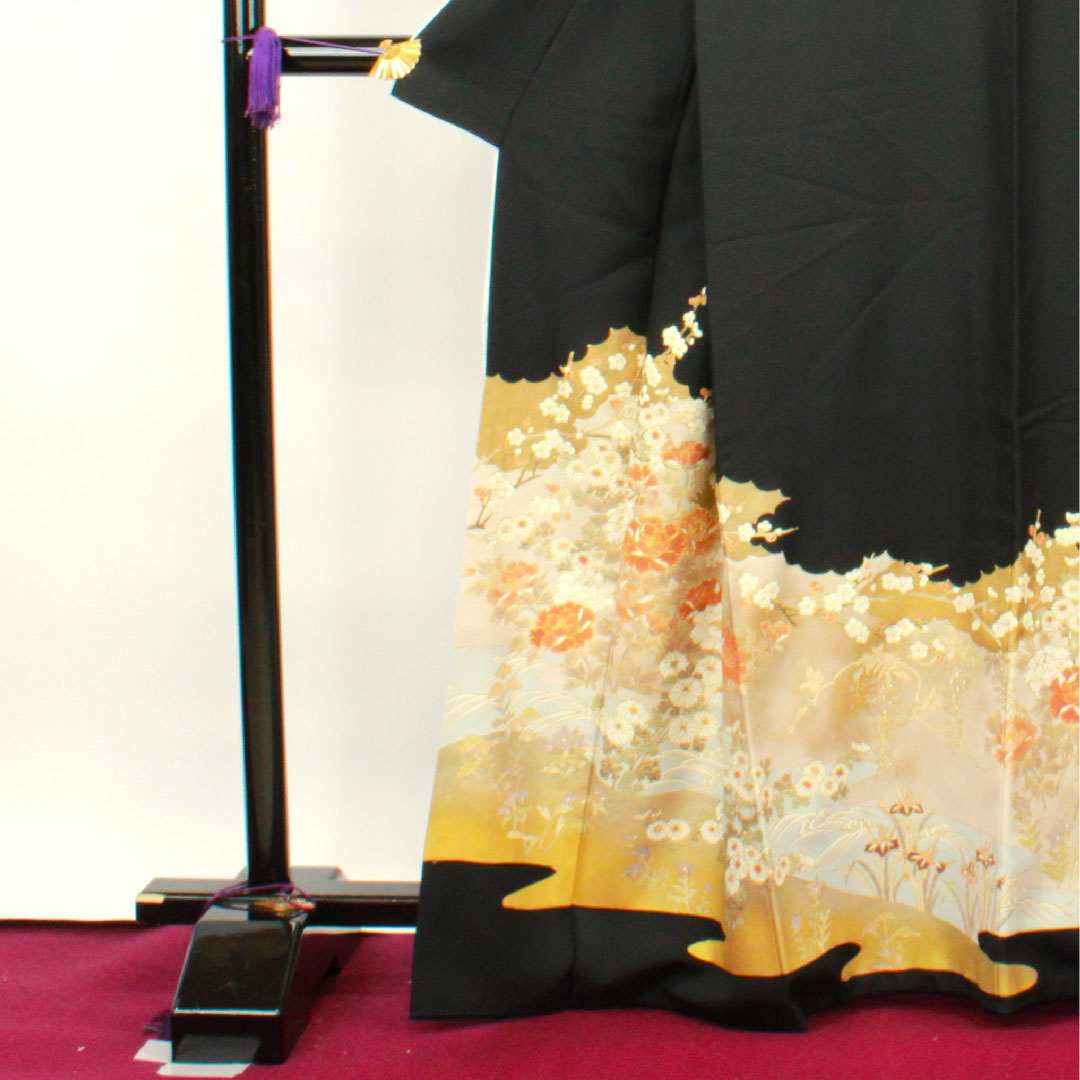 Black Tomesode, Length 166cm, Sleeve Length 66.5cm, Awase, Kyoto Yuzen, Floral Pattern, Katabami, Pure Silk, A Rank, Five Crests, Black, 1111000743510