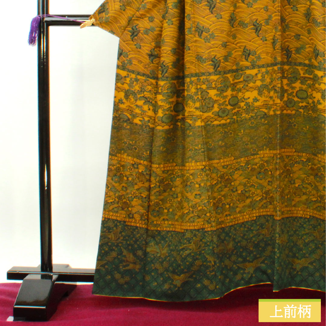 Small pattern, pure silk, length 161.5cm, sleeve length 65cm, lined, yellow oak color, stencil dyeing, auspicious motif, S rank, yellow, 1115004192423
