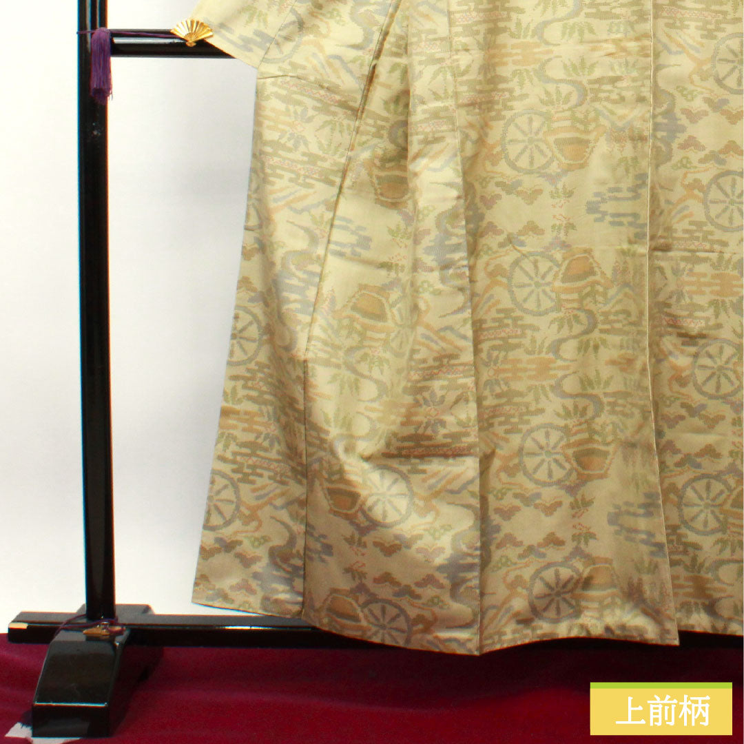 大島紬 正絹 身丈157.5cm 裄丈64.5cm  蕎麦切色 緯総絣 風景模様 Aランク 袷 ベージュ系 1116002883325