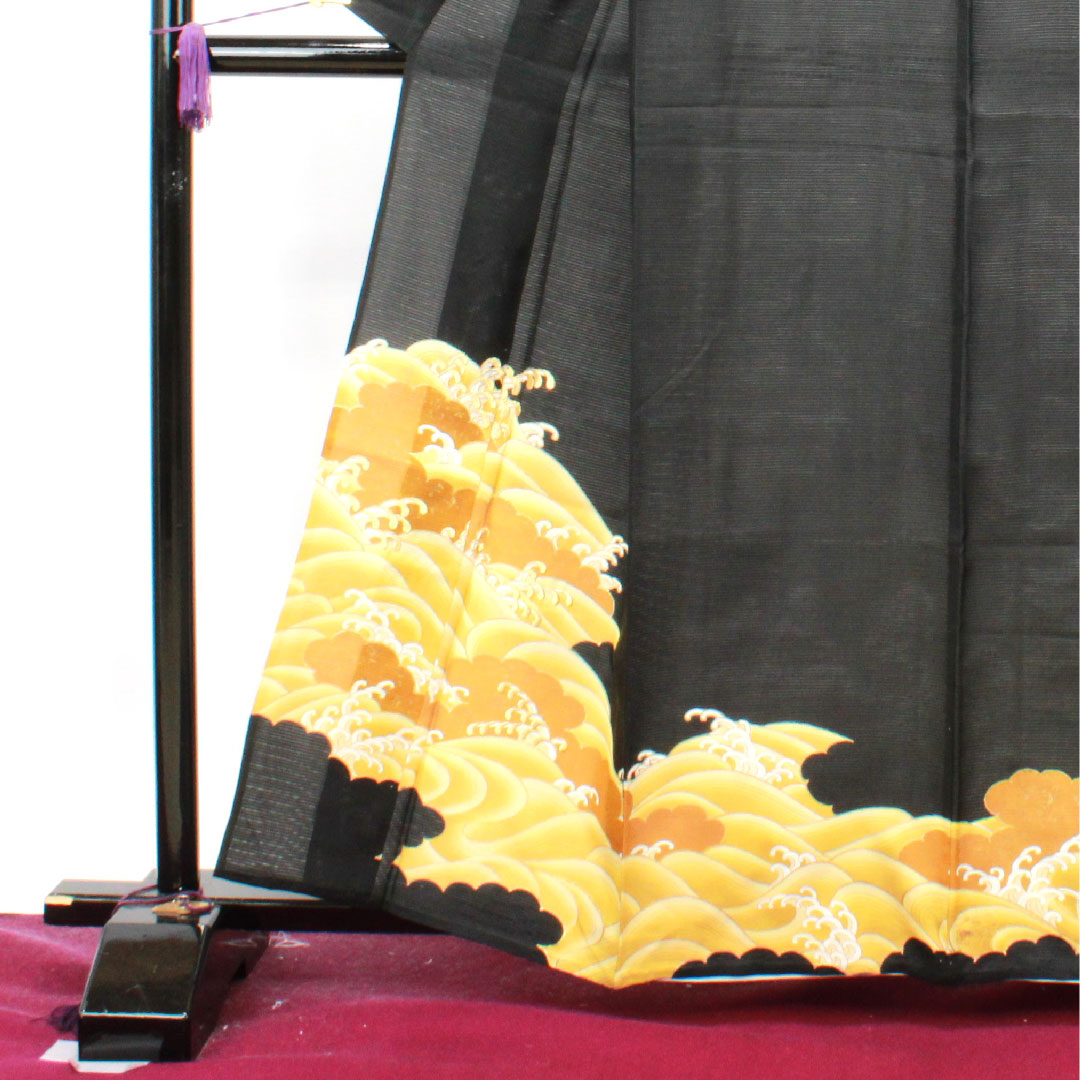 Summer polyester black formal kimono, length 159.5cm, sleeve length 66cm, wave pattern, washable kimono, Gosankiri, silk, B rank, black, 1132001474310