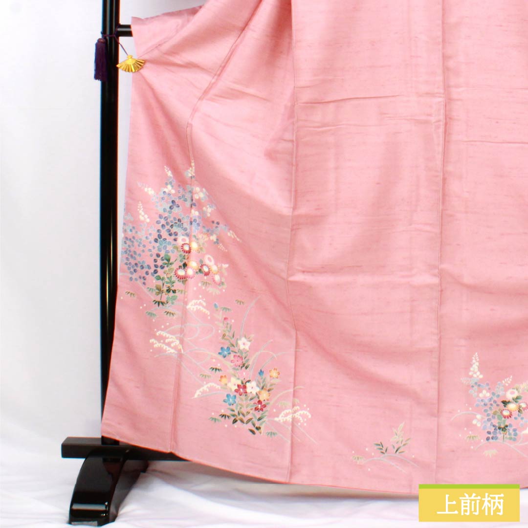 Visiting Kimono, Pure Silk, Rank B, Lined, Length 167cm, Sleeve Length 66cm, Fake Peach Color (Fake Momoiro), Ushiku Tsumugi Silk, Kyoto Kaga Yuzen, Tsukesage, Artist's Work, Floral Design, Pink, Product Number: 1112007544513