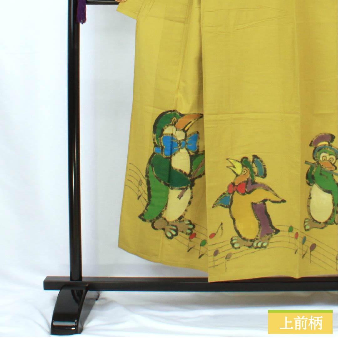 Cotton Yukata, Length 153cm, Sleeve Length 62.5cm, Rank A, Single-Layer, Light Yellow (Asakikiiro), Penguin Design, Product Number 1118005783223
