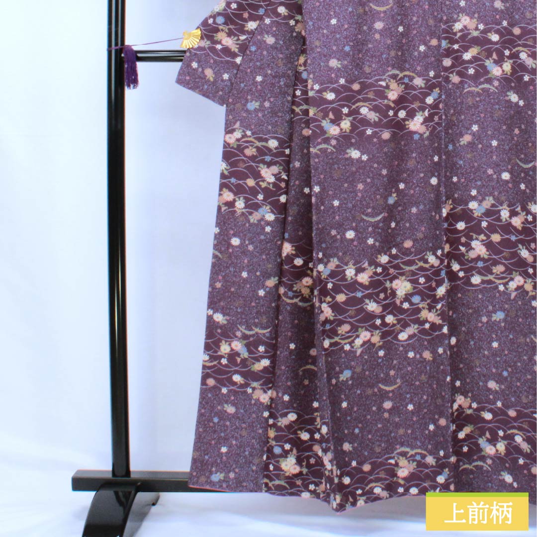 Komon (small pattern) polyester kimono, A rank, length 158cm, sleeve length 64.5cm, lined, deep purple (Fukaki Murasaki Iro) with small flowers and dew grass, washable, purple 1115006973320