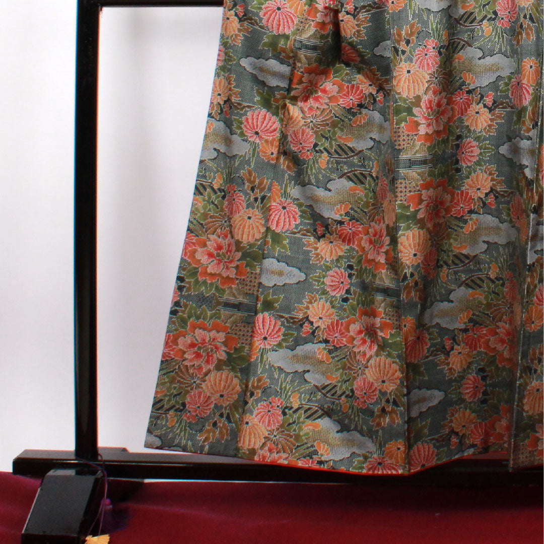 Oshima Tsumugi, Length 156.5cm, Sleeve length 64.5cm, Warp and weft ikat, Floral pattern, Pure silk, A rank, Lined, Green, 1116001853319