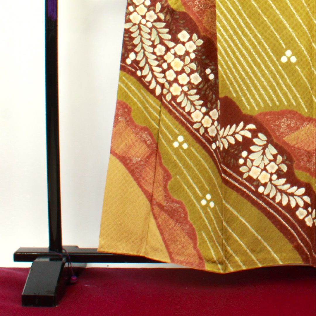 訪問着 袷 身丈158cm 裄丈65cm 楊梅色 作家物 辻ヶ花 絞り 正絹 Sランク 黄系 1112001932323