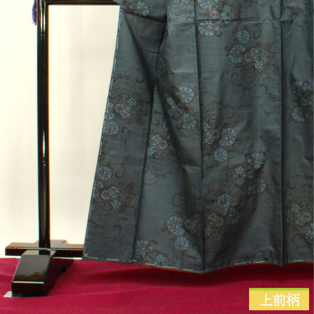 Tsumugi, pure silk, length 162.5cm, sleeve length 64cm, flower pattern, A rank, lined, navy blue, 1116003303418