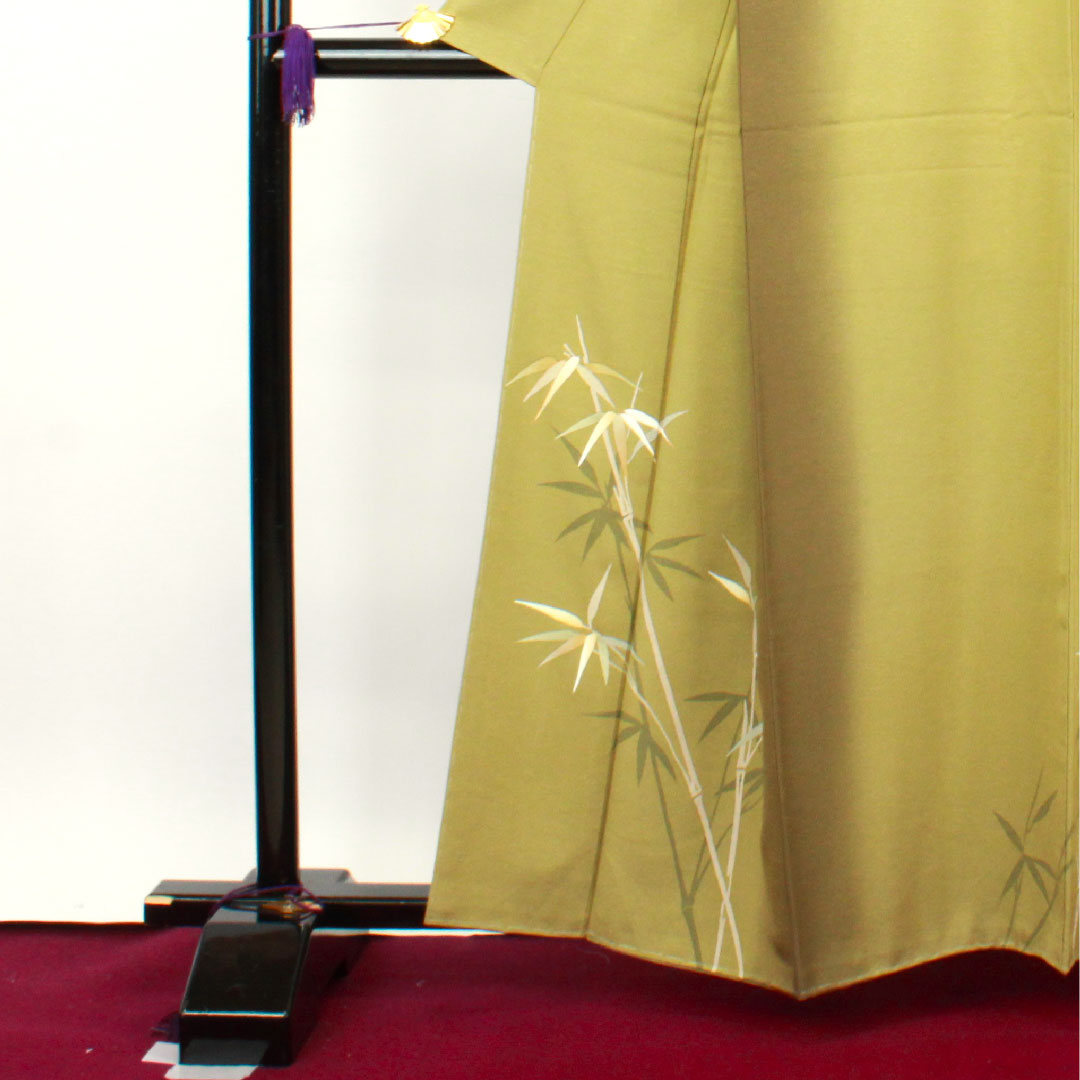 Homongi, lined, length 160.5cm, sleeve length 64cm, unused, with basting thread, dried grass color, Kyoto Yuzen, bamboo grass, pure silk, S rank, green, 1112002272419