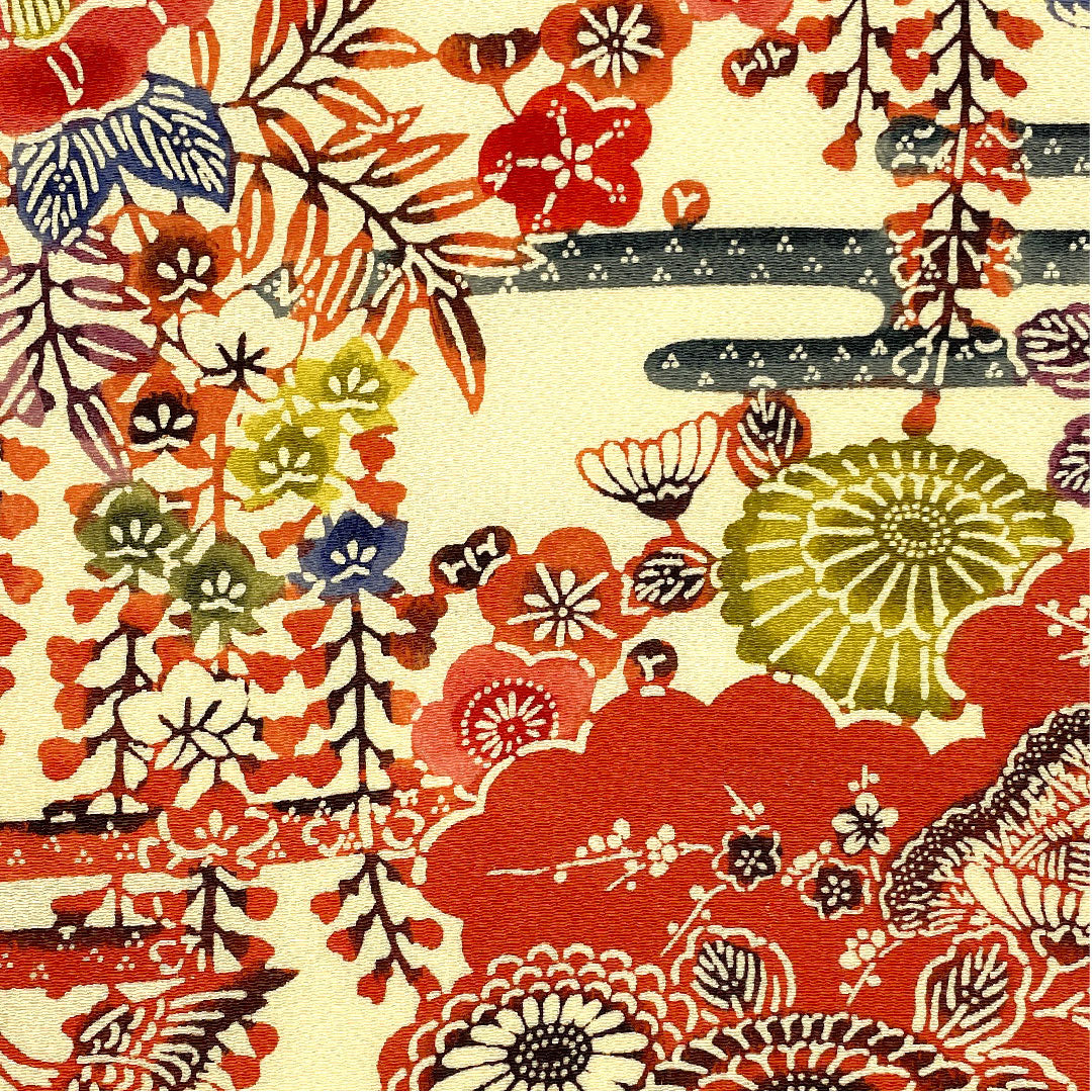 名古屋帯 京紅型 染め帯 縮緬 草花模様 帯丈395.5cm 正絹 Aランク 六通 カジュアル クリーム系 1124001963315  名古屋仕立て