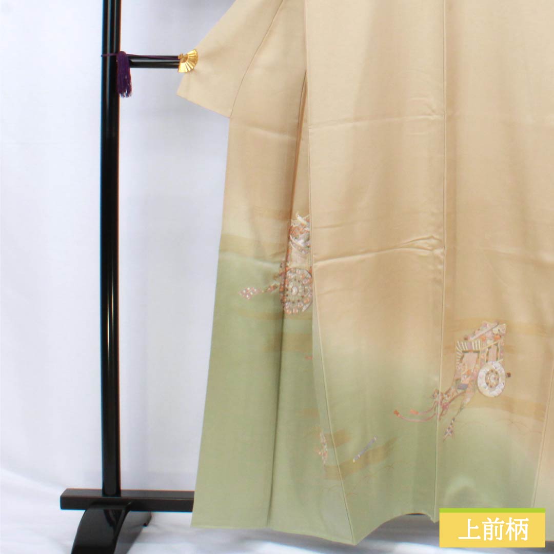 Visiting Kimono (Homongi) - Pure Silk, Grade A, Lined, Length 159cm, Sleeve Length 63.5cm, Walnut Color, Suzhou Embroidery, Tsukesage, Imperial Carriage Design, Beige, Product Number: 1112006663325