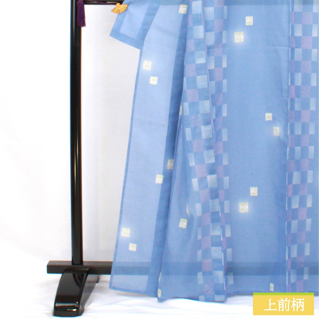 夏物 ポリエステル 小紋 身丈165cm 裄丈67.5cm 紺藤色（こんふじいろ） 市松模様 洗える着物 絽 Aランク 青系 1132002183517