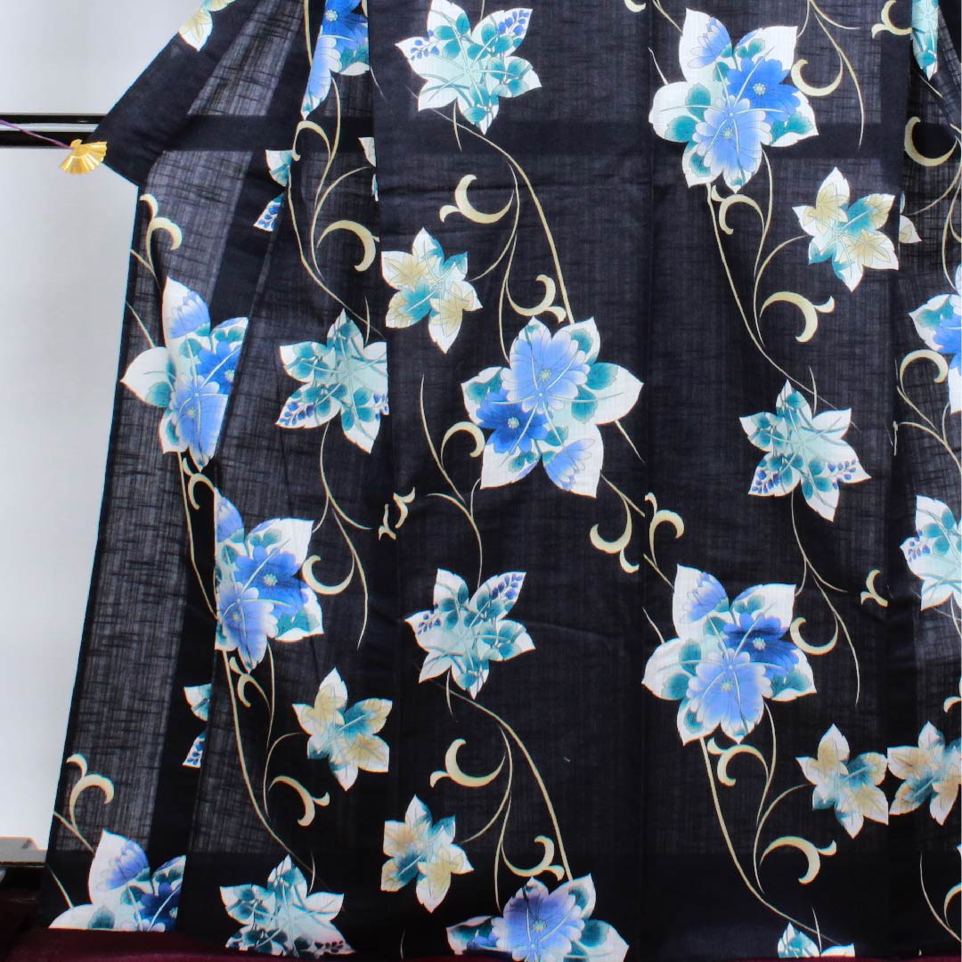 Yukata, dark blue, bush clover, maple leaves, chrysanthemum, arabesque cotton, S rank, single layer, length 167cm, sleeve length 67cm, navy blue, 1118004432518