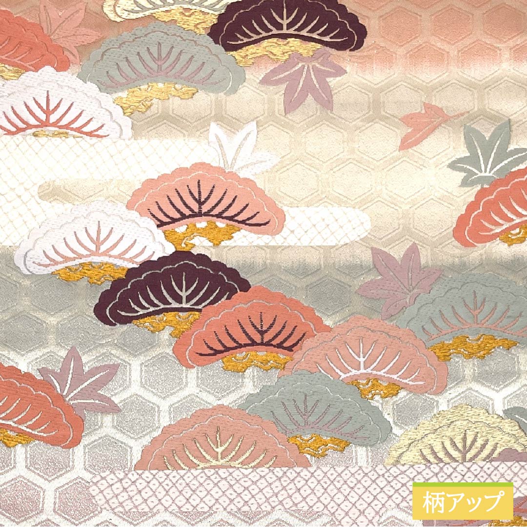 Formal, pure silk obi for formal kimono (tomesode) with a tortoiseshell pattern, pine and maple leaves, length 426cm, A-rank, six-fold, gradient finish, product number 1123014563399