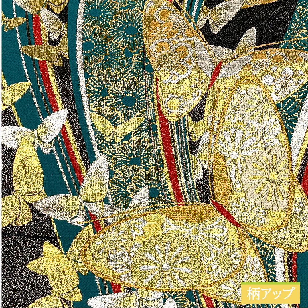 袋帯 正絹 碧色色（へきしょくいろ） 蝶 菊 桜 帯丈426cm Sランク 六通 フォーマル 緑系 1123011982319