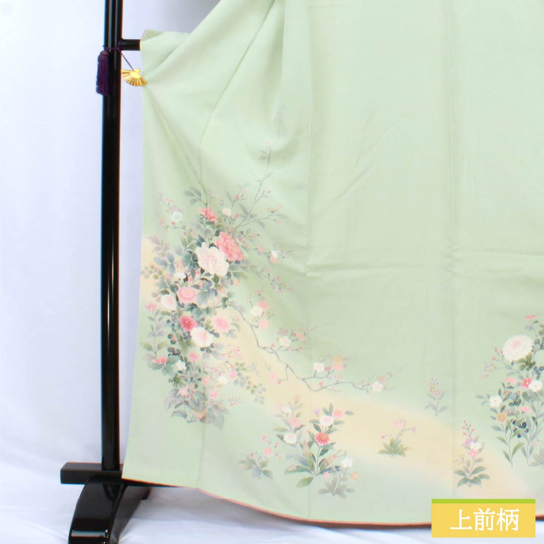 Visiting Kimono, Pure Silk, Grade B, Lined, Length 165cm, Sleeve Length 65.5cm, Light Green, Floral Design, Artist: Shuichi, Included Basting Thread, Green, Product Number: 1112006974519