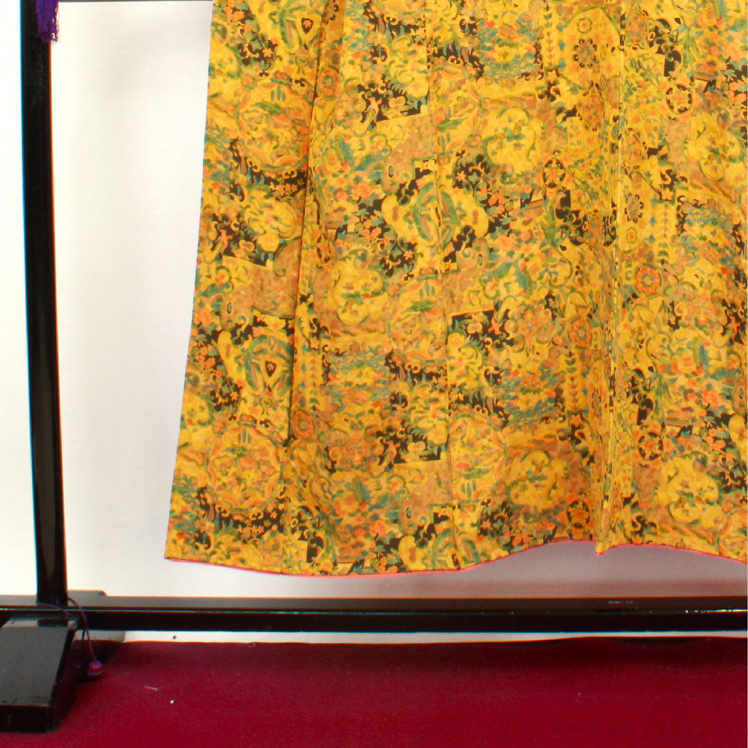 Komon, Length 151cm, Sleeve length 57cm, Awase, Ochre, Sarasa pattern, Pure silk, S rank, Yellow 1115002442223