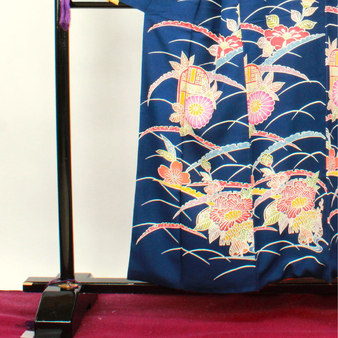 小紋 身丈156.5cm 裄丈62cm 袷  紺藍色 京紅型 菊 露芝  正絹 Sランク 紺系 1115003382318