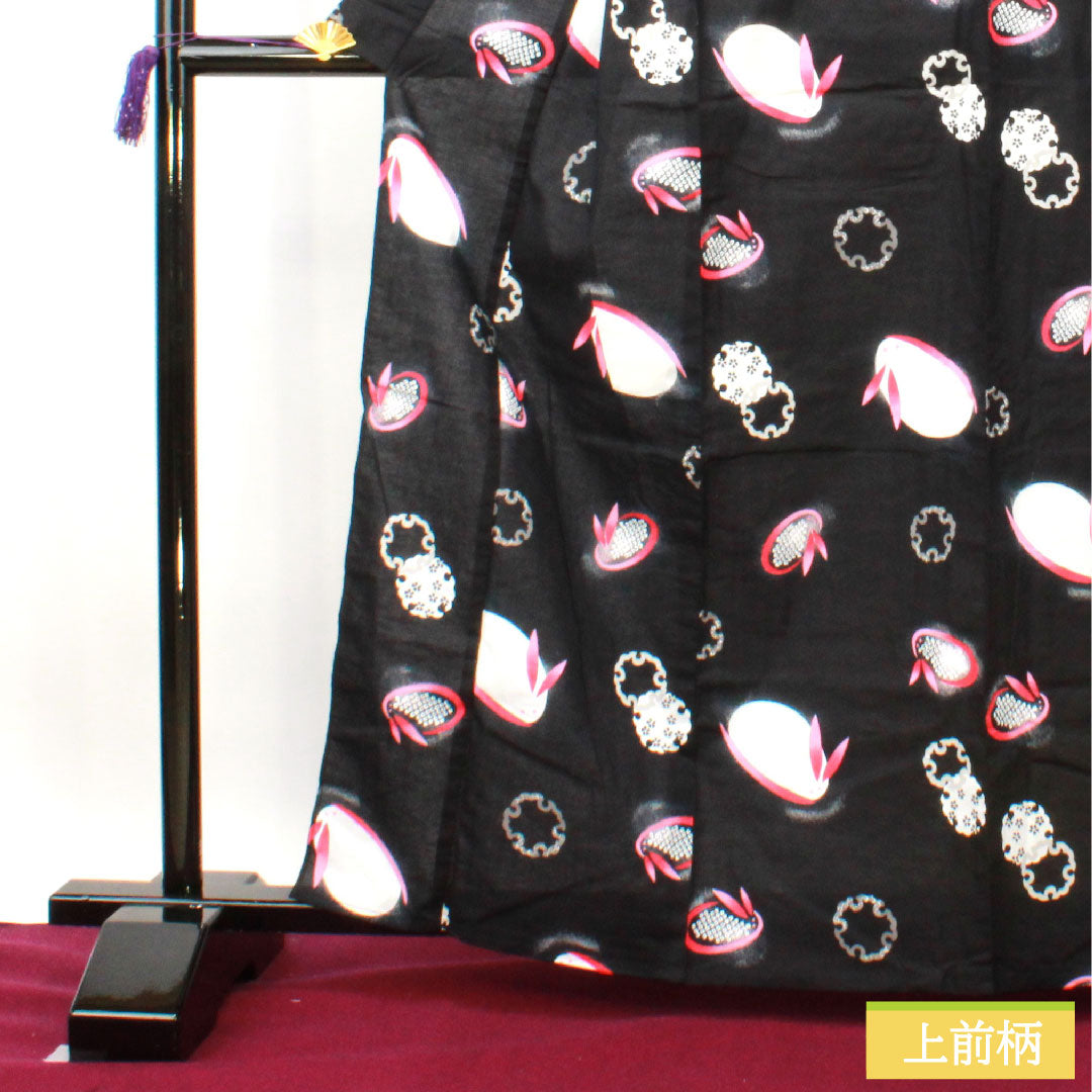 Yukata Cotton Length 164.5cm Sleeve length 64cm S rank Single layer Black Snow rabbit Snow ring 1118005052410