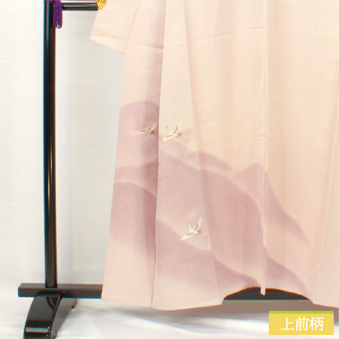 Homongi, pure silk, lined, length 157cm, sleeve length 63cm, cherry blossom color, Kyo-Yuzen, crane, A rank, purple, 1112005523320