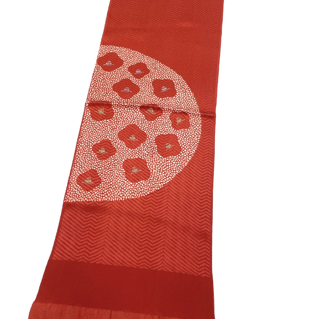 Obiage, pure silk, S rank, semi-formal, Jinzamomi-iro (a shade of red), Camellia design, length approx. 174cm, width approx. 29.5cm, reddish tones, 1136003022912